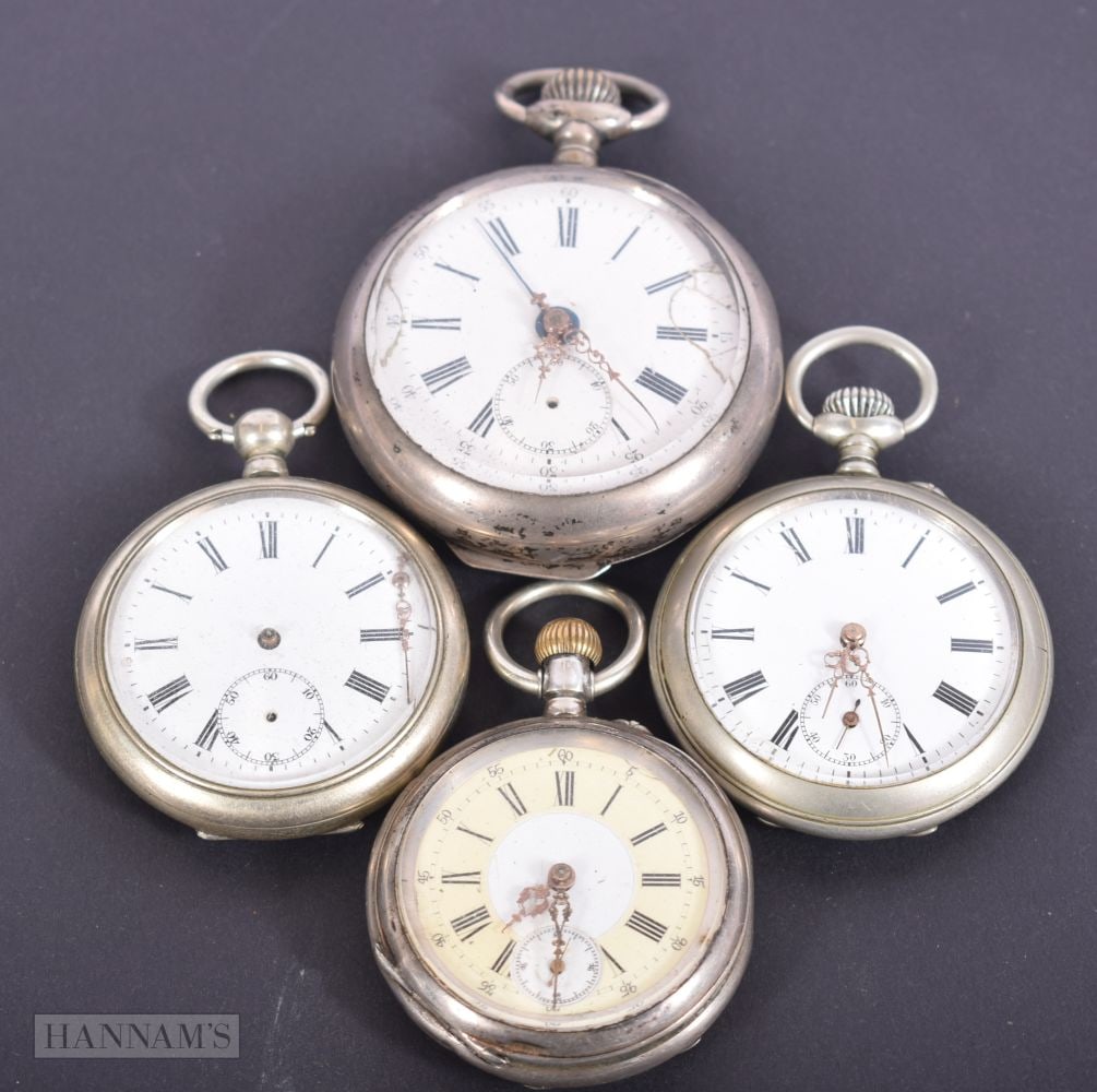 FOUR ANTIQUE SILVER POCKET WATCHES. 221 grams. 3 running. 5.5 cm diameter. (4) (1 of 5)