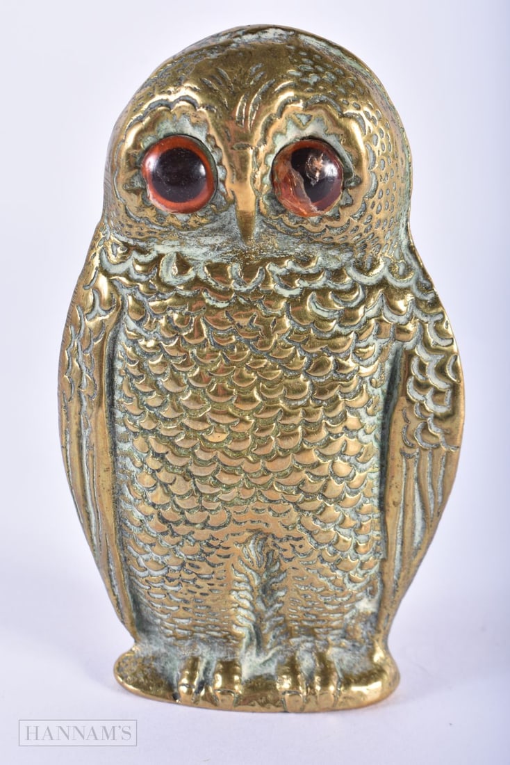 AN UNUSUAL ANTIQUE BRONZE OWL GLASS EYED SPILL HOLDER. 10 cm x 6 cm. (1 of 3)