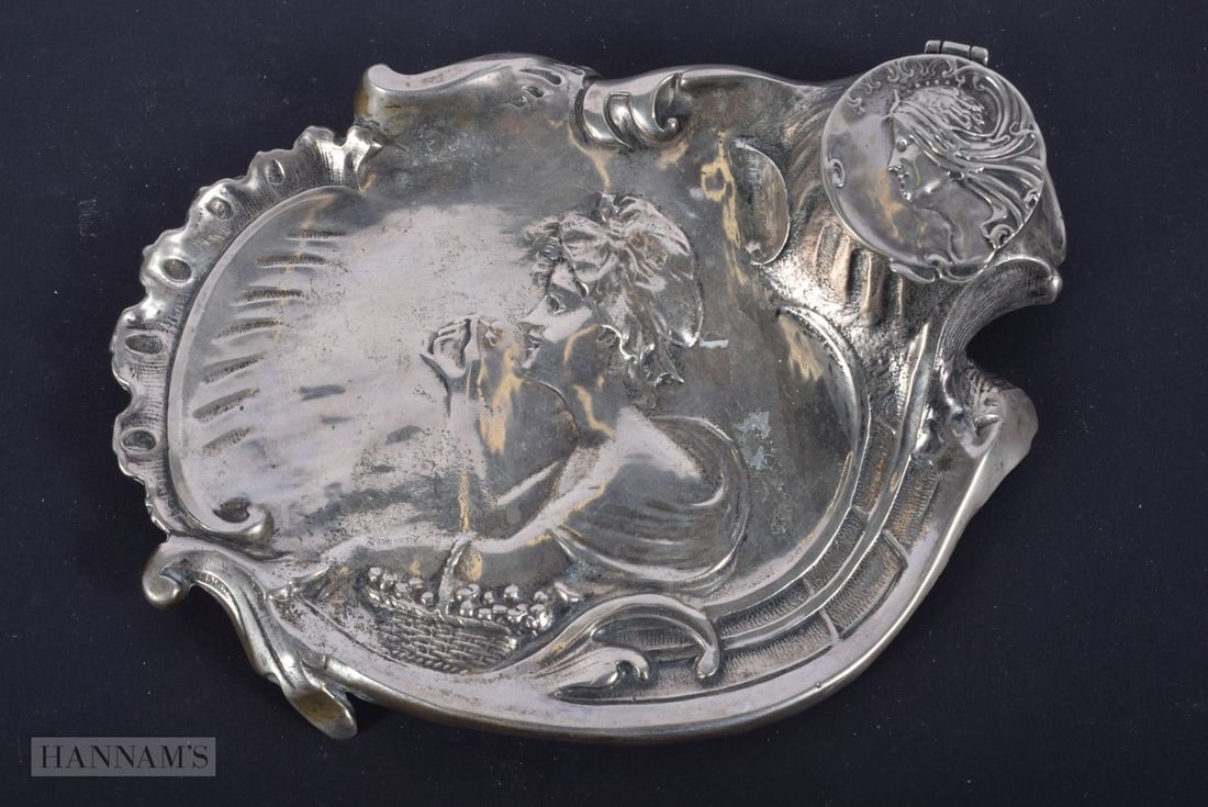 A Continental Silver Art Nouveau Inkwell.  Stamped 800.  18cm x 13cm x 4cm, weight 520g, missing gla (1 of 4)