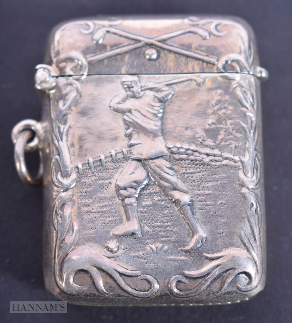 A Silver Vesta Case with an Embossed Golfer.  Stamped 925.  4.4 cm x 3.3cm, weight 23.5g (1 of 3)