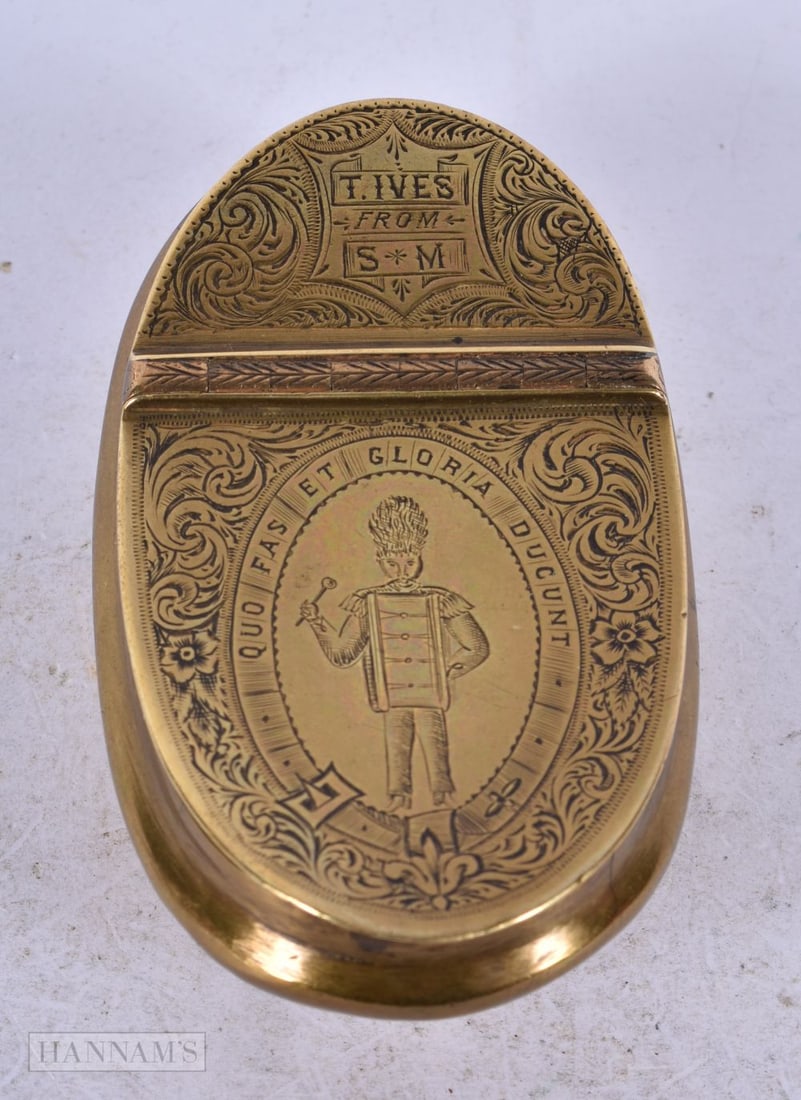 A FINE EARLY 19TH CENTURY ENGLISH MILITARY BRASS SNUFF BOX. 89 grams. 9 cm x 5.25 cm. (1 of 3)
