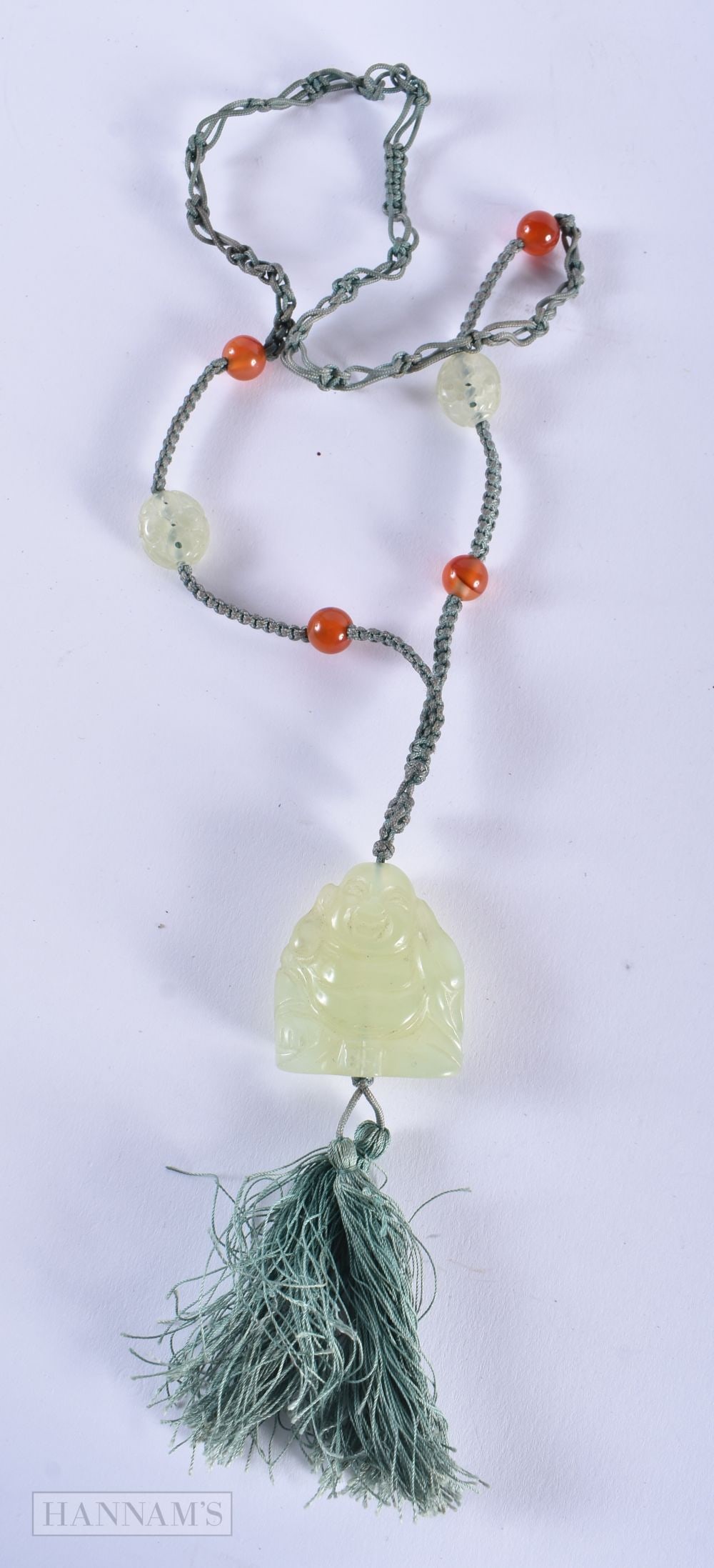 AN EARLY 20TH CENTURY CHINESE JADE AND AGATE BUDDHA NECKLACE. 64 cm long, pendant 4.5 cm x 3 cm. (1 of 3)