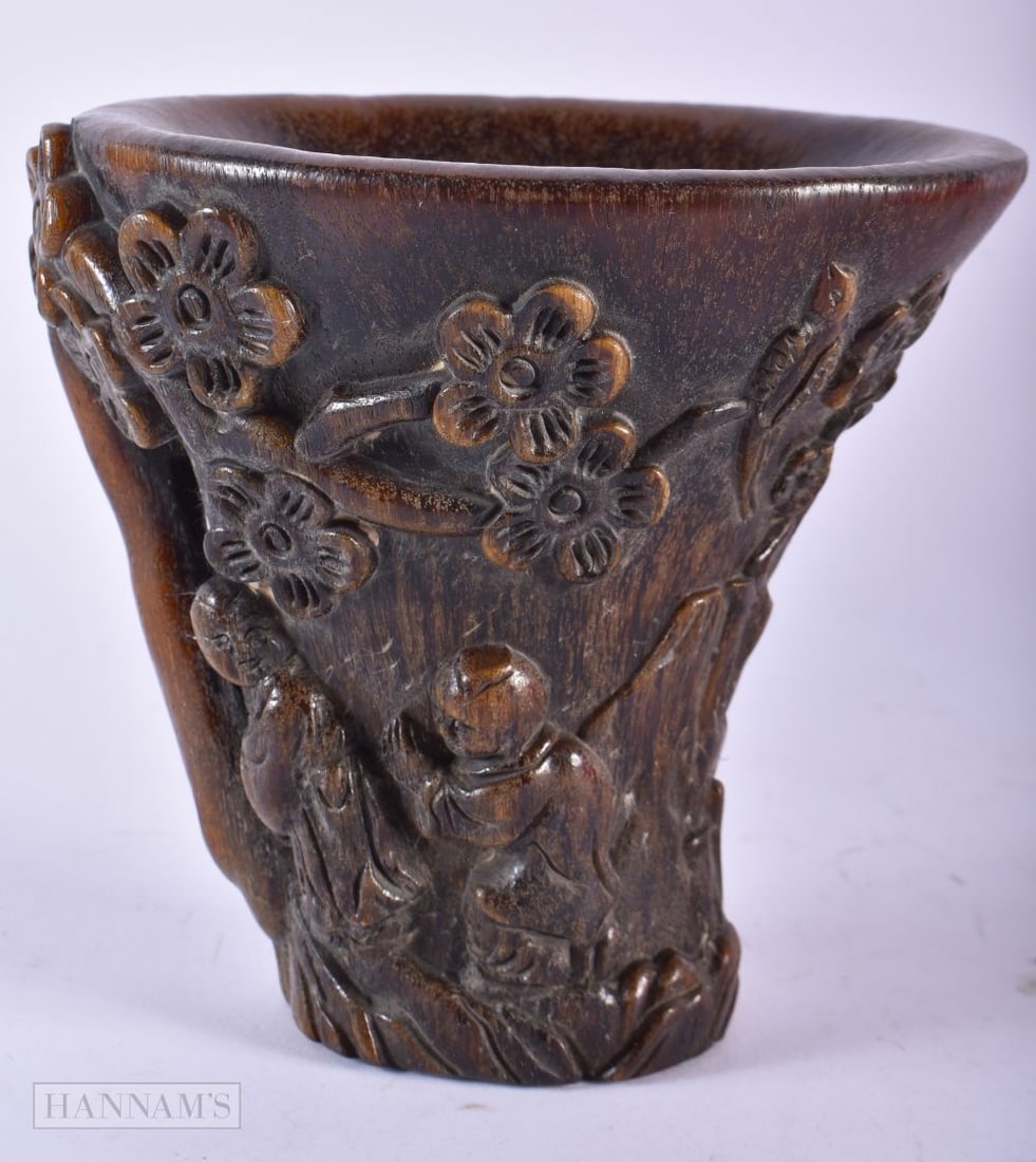 A CHINESE CARVED BUFFALO HORN TYPE LIBATION CUP. 878 grams. 14cm x 14cm. (1 of 5)