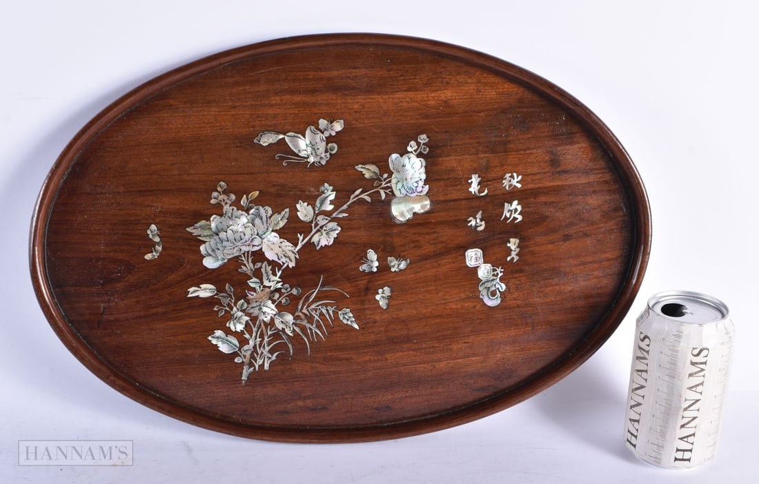A 19TH CENTURY CHINESE CARVED MOTHER OF PEARL INLAID WOODEN TRAY Qing. 44 cm x 28cm. (1 of 5)