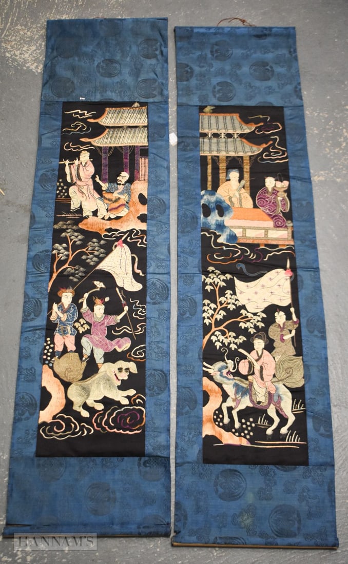 A PAIR OF 19TH CENTURY CHINESE SILK EMBROIDERED HANGING SCROLLS. 120 cm x 30 cm. (1 of 9)