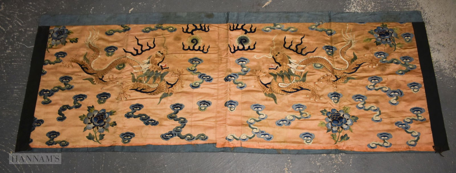 A 19TH CENTURY CHINESE ORANGE GROUND SILK DRAGON PANEL Qing. 180 cm x 64 cm. (1 of 8)