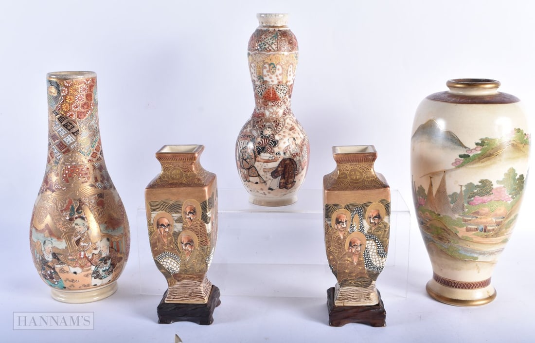 FIVE LATE 19TH CENTURY JAPANESE MEIJI PERIOD SATSUMA VASES. Largest 27cm high. (5): FIVE LATE 19TH CENTURY JAPANESE MEIJI PERIOD SATSUMA VASES. Largest 27cm high. (5)