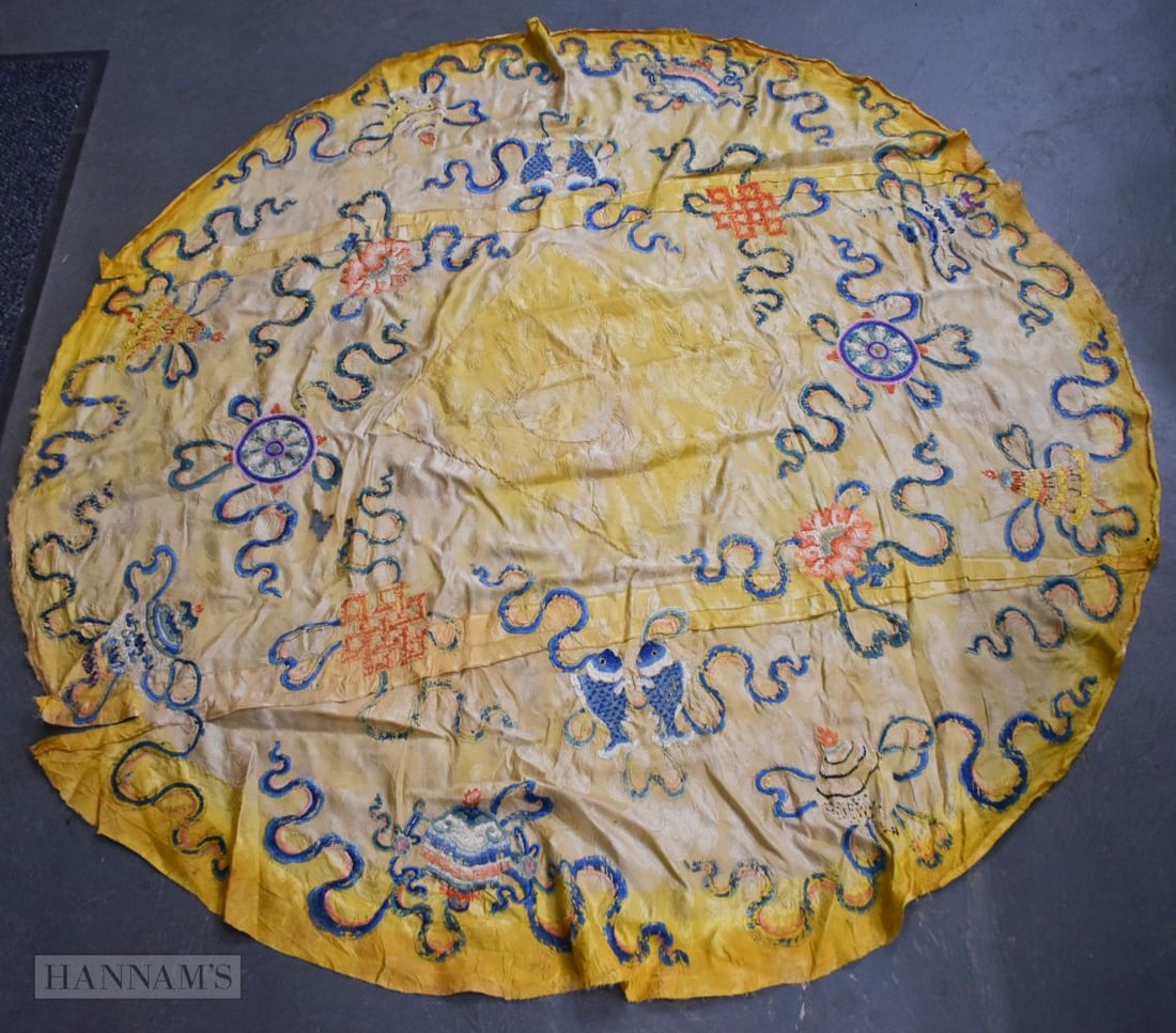 AN UNUSUAL 19TH CENTURY CHINESE SILK EMBROIDERED IMPERIAL YELLOW CIRCULAR PANEL Qing. 160 cm diamete (1 of 10)