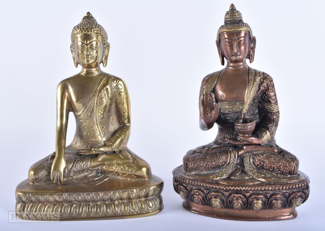 TWO VINTAGE ASIAN BRONZE BUDDHAS Largest 19 cm high. (2) (1 of 6)