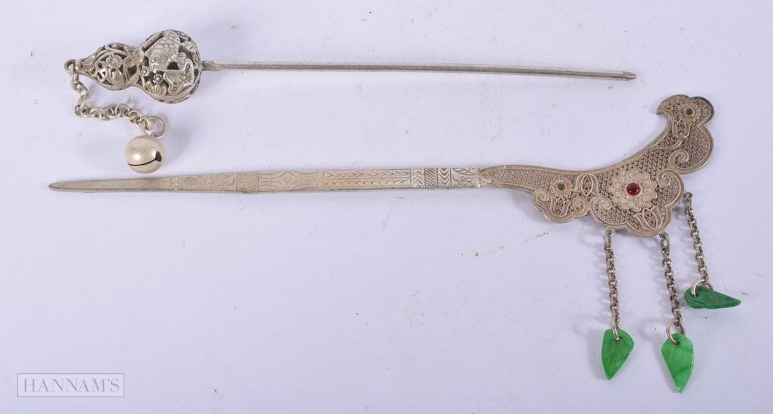 TWO CHINESE WHITE METAL HAIR PINS. 46 grams. 20 cm long. (2) (1 of 2)