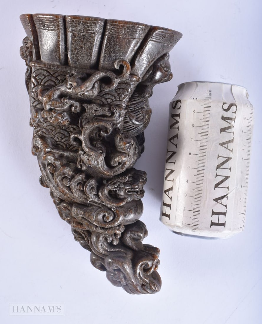 A CHINESE CARVED BUFFALO HORN TYPE LIBATION CUP. 835 grams. 22cm high. (1 of 6)