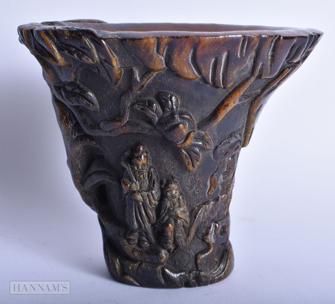 A CHINESE CARVED BUFFALO HORN TYPE LIBATION CUP. 626 grams. 12 cm x 14cm. (1 of 6)