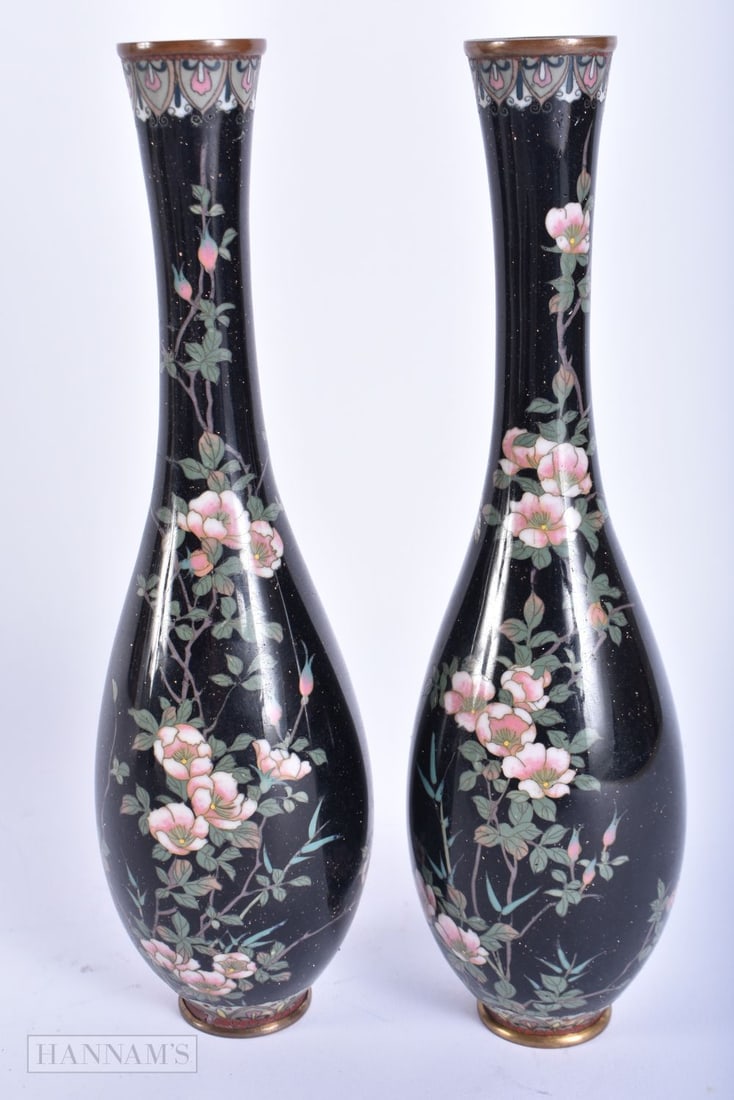 A PAIR OF 19TH CENTURY JAPANESE MEIJI PERIOD CLOISONNE ENAMEL VASES decorated with birds and flowers (1 of 5)