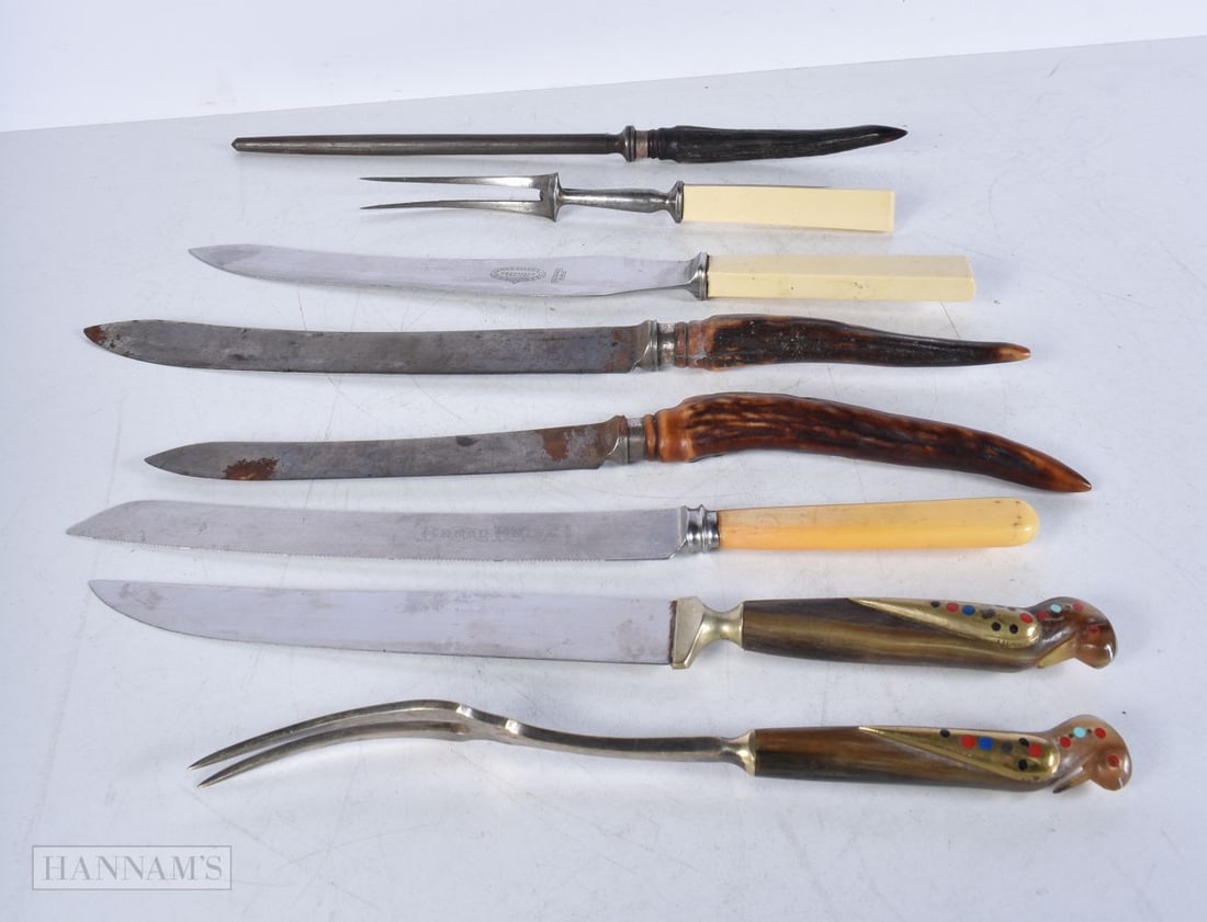Antler horn handled carving knives together with horn bird handled carving knife and fork etc 37cm (: Antler horn handled carving knives together with horn bird handled carving knife and fork etc 37cm (9) We do not offer in-house shipping on bladed items. Please ensure you are able to ship this Lot be