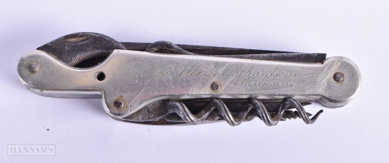 AN ANTIQUE SWISS ARMY TYPE KNIFE signed J Clarke Richardson Swansea. 21 cm long extended.: AN ANTIQUE SWISS ARMY TYPE KNIFE signed J Clarke Richardson Swansea. 21 cm long extended.