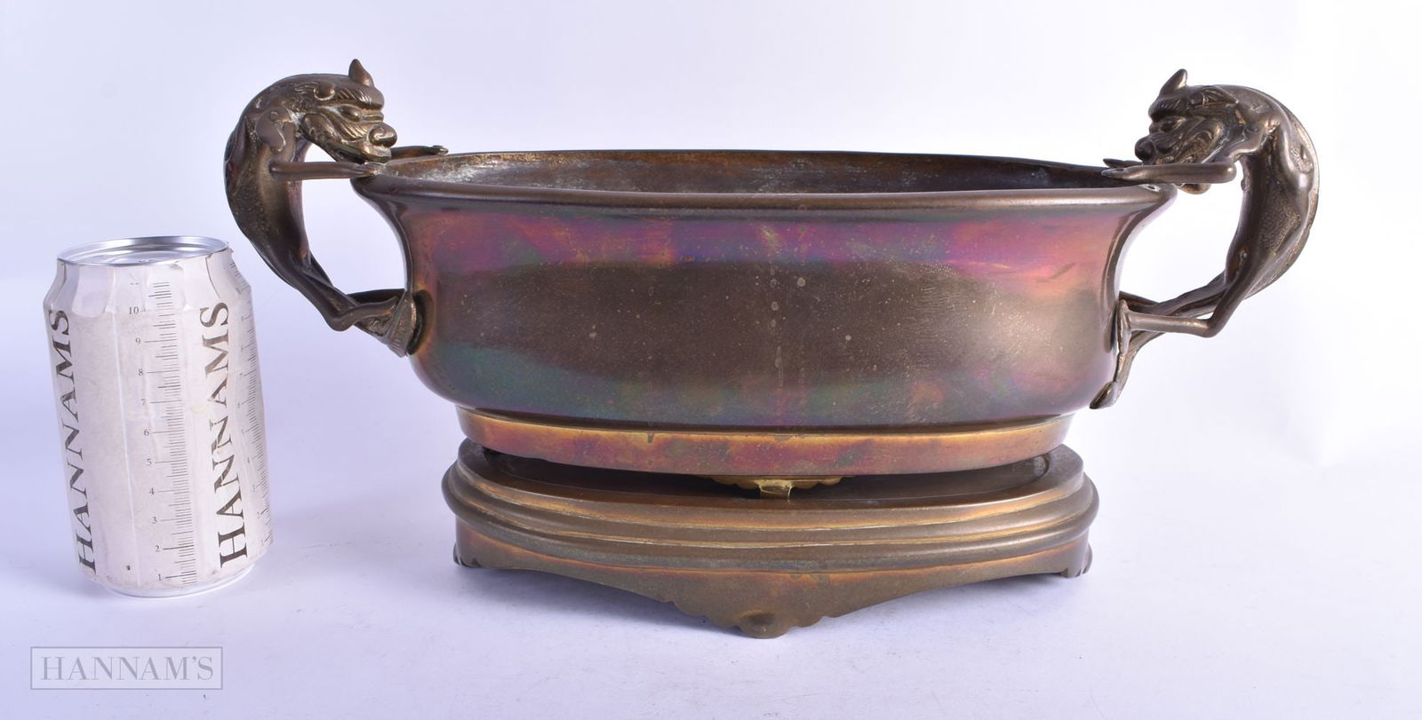 A LARGE CHINESE QING DYNASTY TWIN HANDLED BRONZE CENSER bearing Xuande marks to base, with stand. 34 (1 of 6)