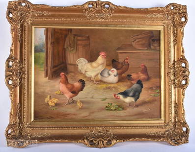 Edgar Hunt (1876-1953) British, Oil on board, Chicken and chicks in the farmyard, signed and dated 1: Edgar Hunt (1876-1953) British, Oil on board, Chicken and chicks in the farmyard, signed and dated 1949. 48 cm x 38 cm, painting 34 cm x 28 cm.