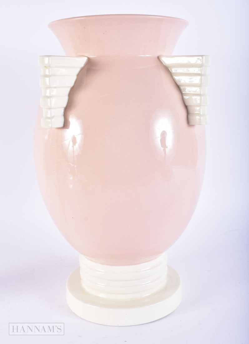 Belgian 1920s Art Deco Charles Catteau pale pink & white ceramic vase for Boch La Louviere. 32 cm x: Belgian 1920s Art Deco Charles Catteau pale pink & white ceramic vase for Boch La Louviere. 32 cm x 16 cm.