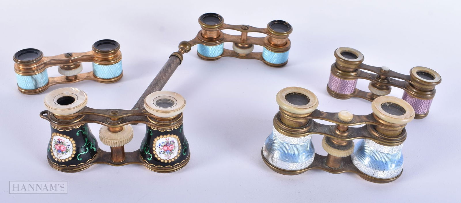 FIVE PAIRS OF ANTIQUE ENAMEL OPERA GLASSES. Largest 18 cm long extended. (5) (1 of 1)