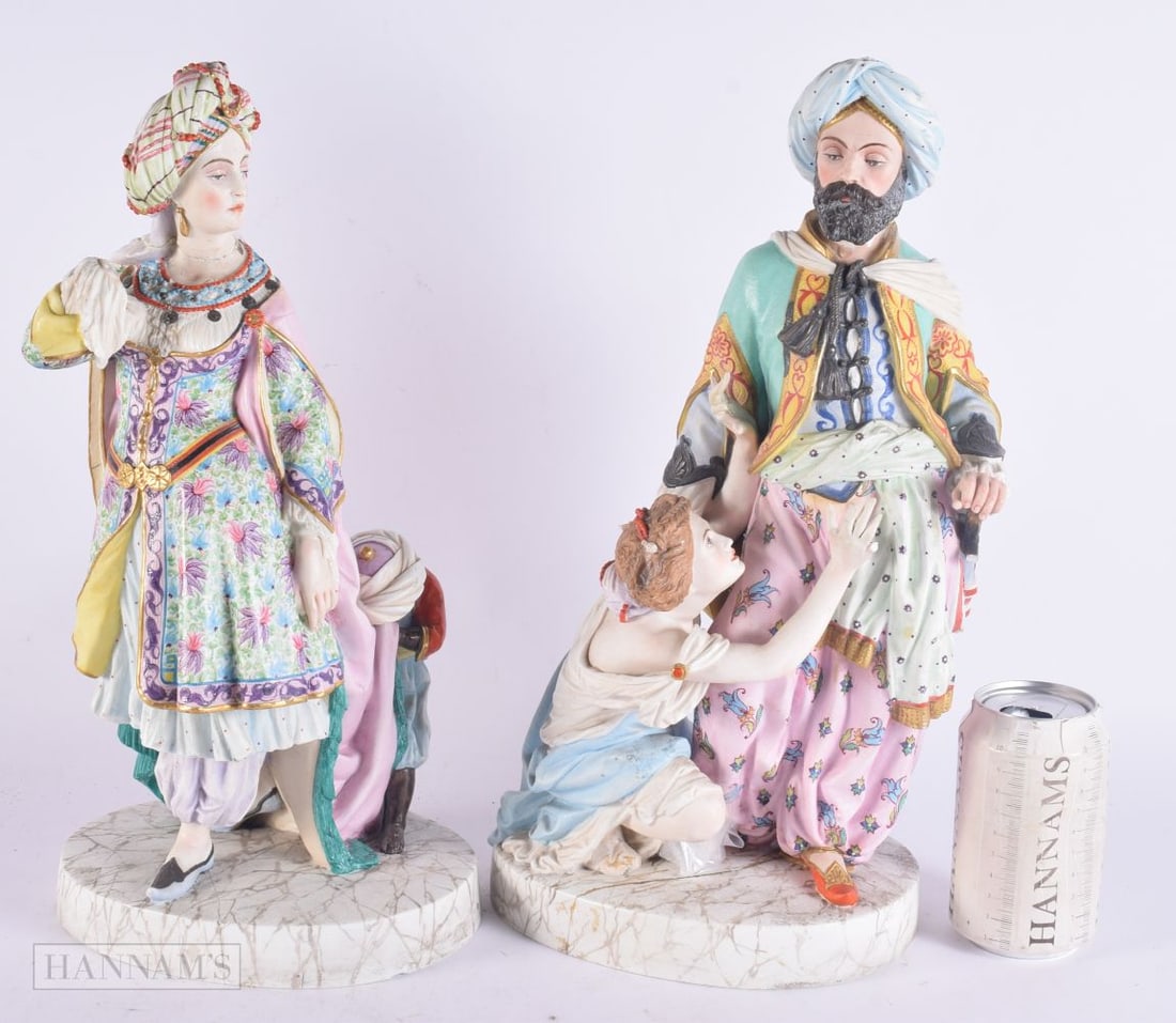 A RARE PAIR OF 19TH CENTURY FRENCH PARIS PORCELAIN FIGURES modelled as a male and female in Turkish (1 of 7)