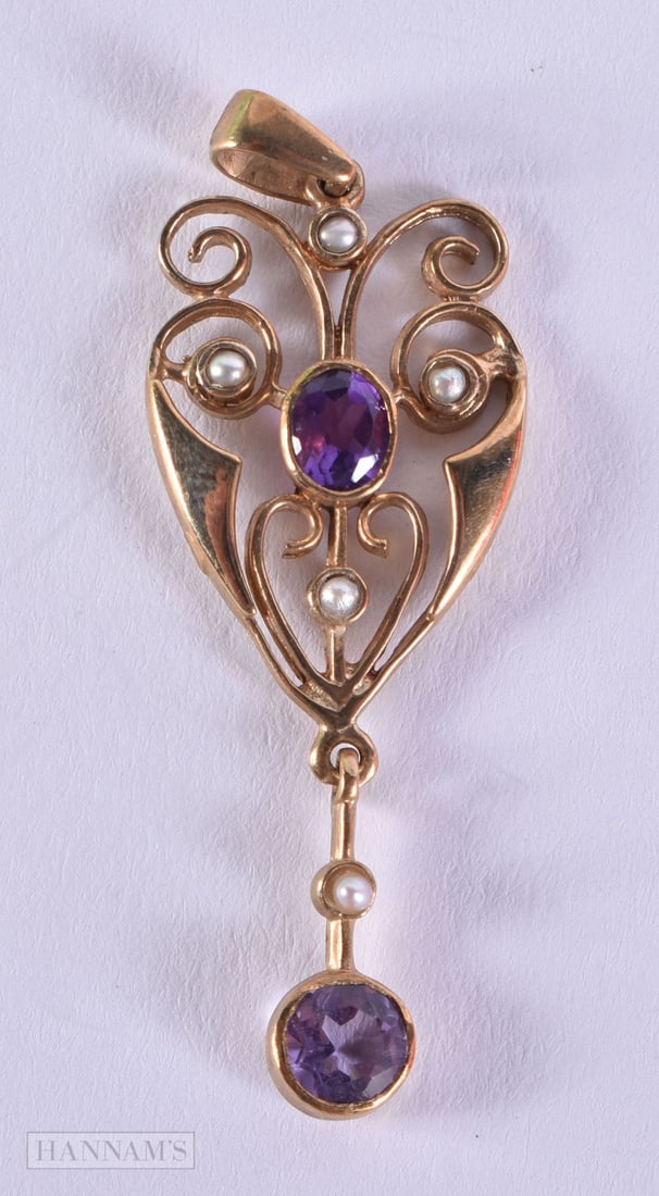 9ct gold Edwardian inspired amethyst & seed pearl amethyst & seed pearl pendant.  4 cm x 1.5cm, weig (1 of 2)