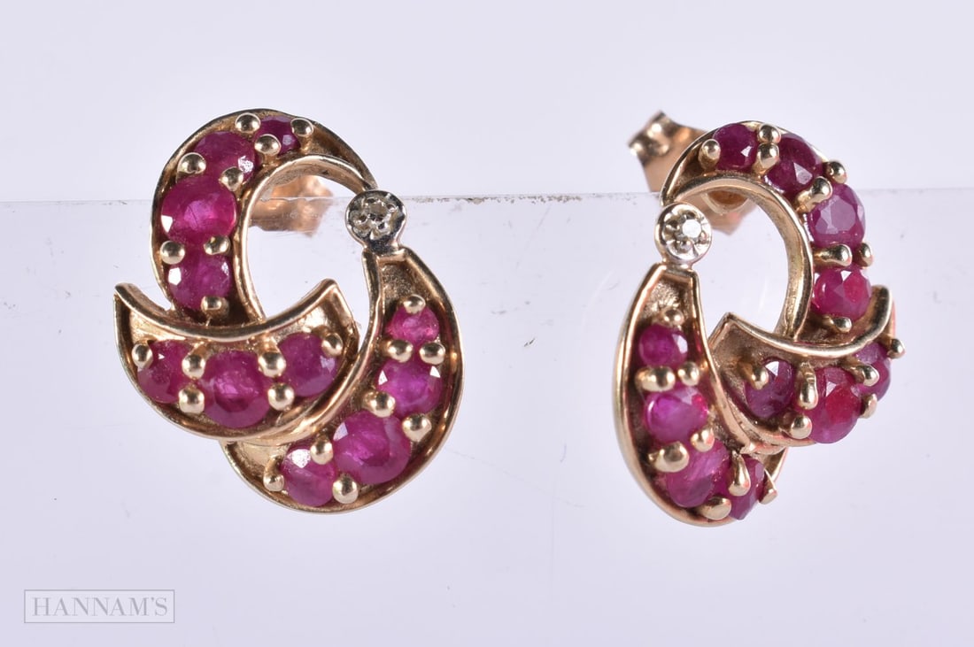 9ct gold ruby & diamond stud earrings.  1.5cm x 1 cm, weight 2.78g (1 of 2)