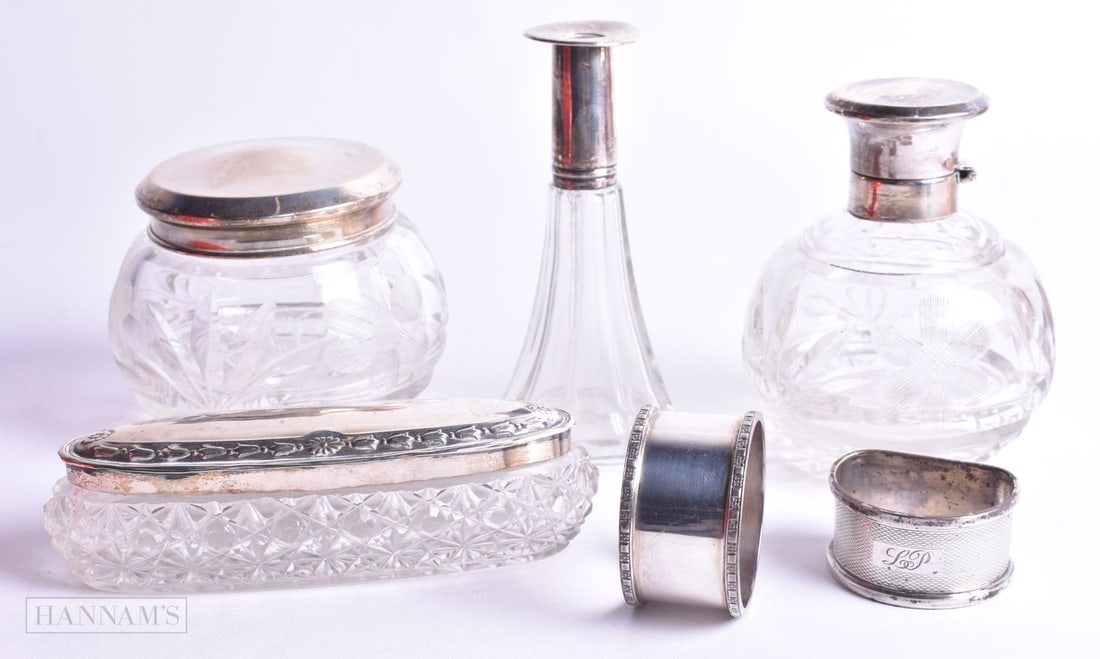 Four Silver Topped Dressing Table Items together with 2 Silver Napkin Rings.  Various Hallmarks.  La (1 of 7)