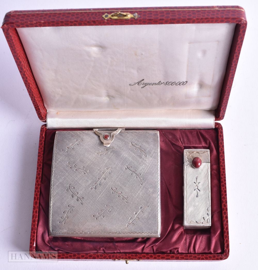 Vintage .800 Silver Ladies Vanity Compact & Matching Lip View Cased 116g. 7.5 cm square. (1 of 3)