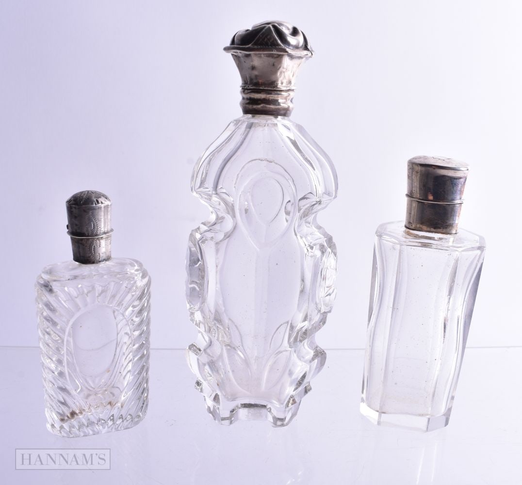 Three Continental Silver Topped Scent Bottles.  Dutch Marks.  Largest 12.2 cm x 4.5cm x 2.5cm (3) (1 of 3)