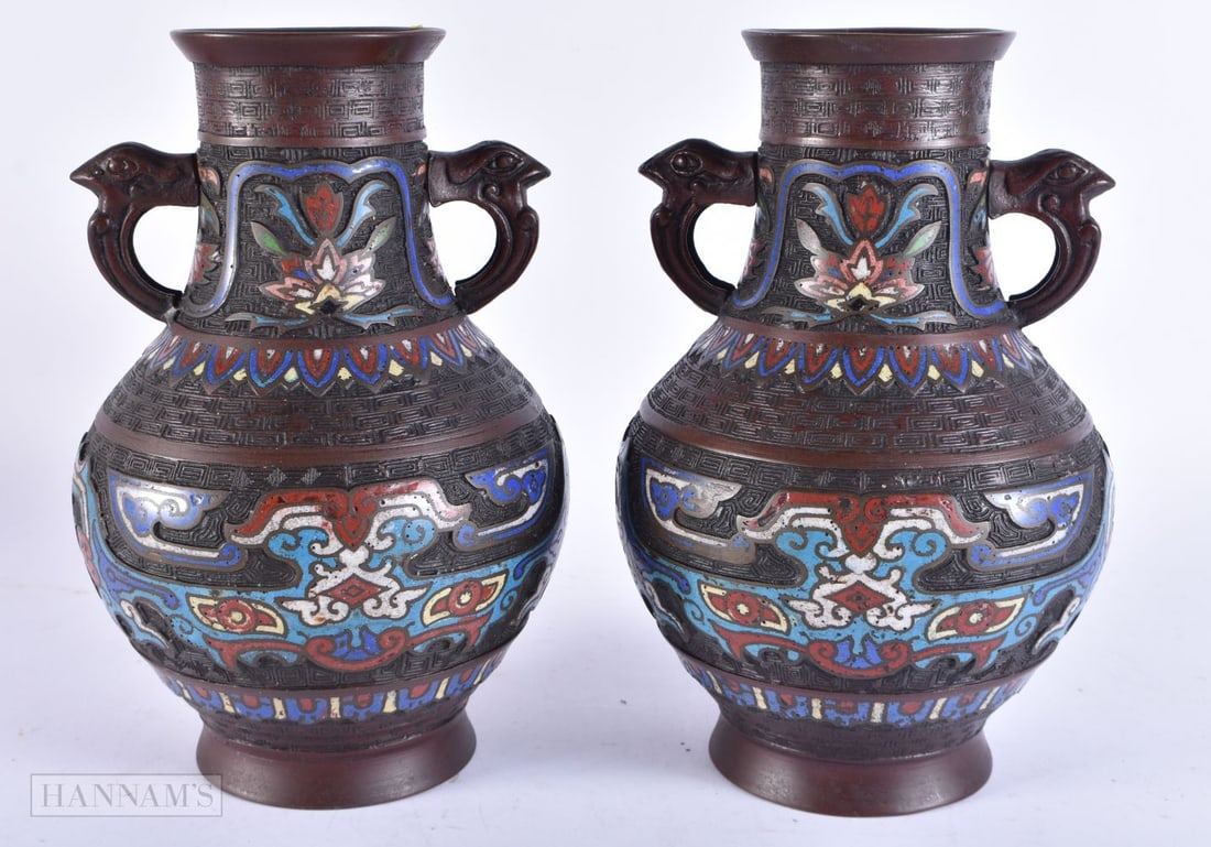 A PAIR OF 19TH CENTURY JAPANESE MEIJI PERIOD CHAMPLEVE ENAMEL BRONZE VASES. 25cm x 12cm. (1 of 5)