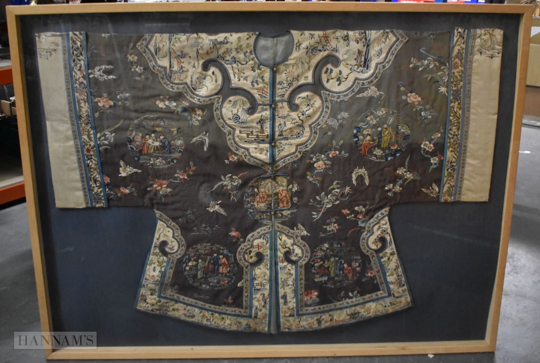 A VERY LARGE LATE 19TH CENTURY FRAMED CHINESE SILK EMBROIDERED JACKET Qing. 154 cm x 110 cm. (1 of 10)