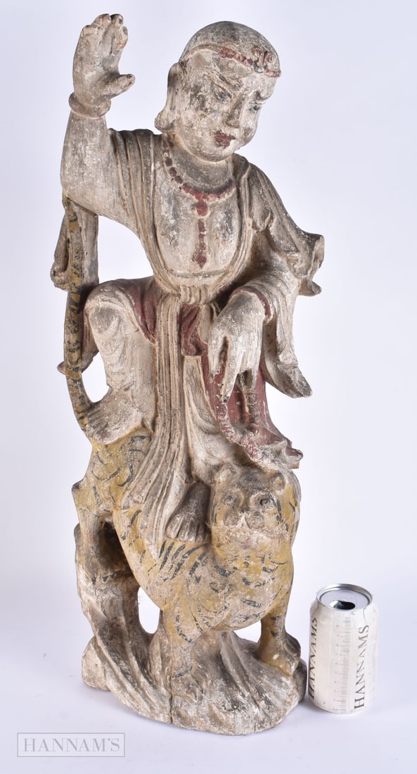 A 17TH CENTURY CHINESE CARVED AND PAINTED WOOD IMMORTAL Late Ming. 60 cm x 18 cm. (1 of 6)