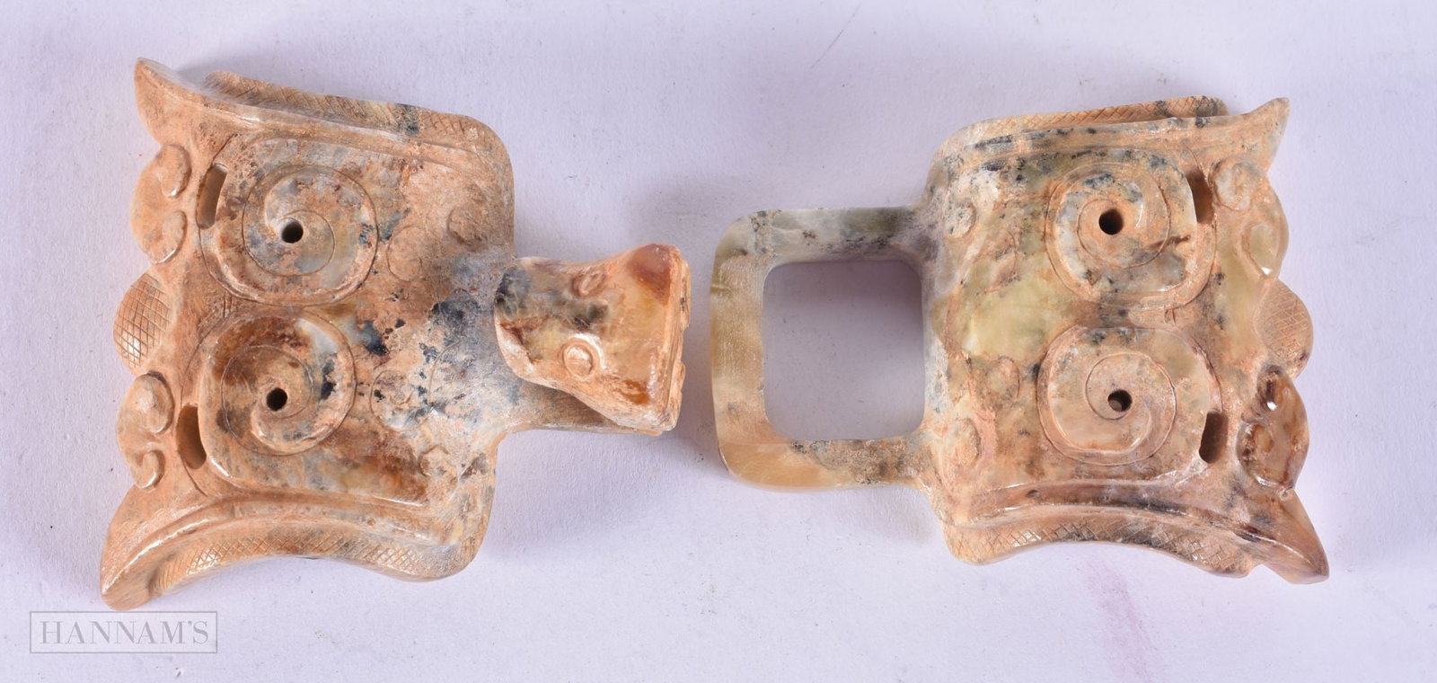 A CHINESE ARCHAIC JADE BELT BUCKLE. 138.6 grams. 11.5 cm x 6.25cm.: A CHINESE ARCHAIC JADE BELT BUCKLE. 138.6 grams. 11.5 cm x 6.25cm.