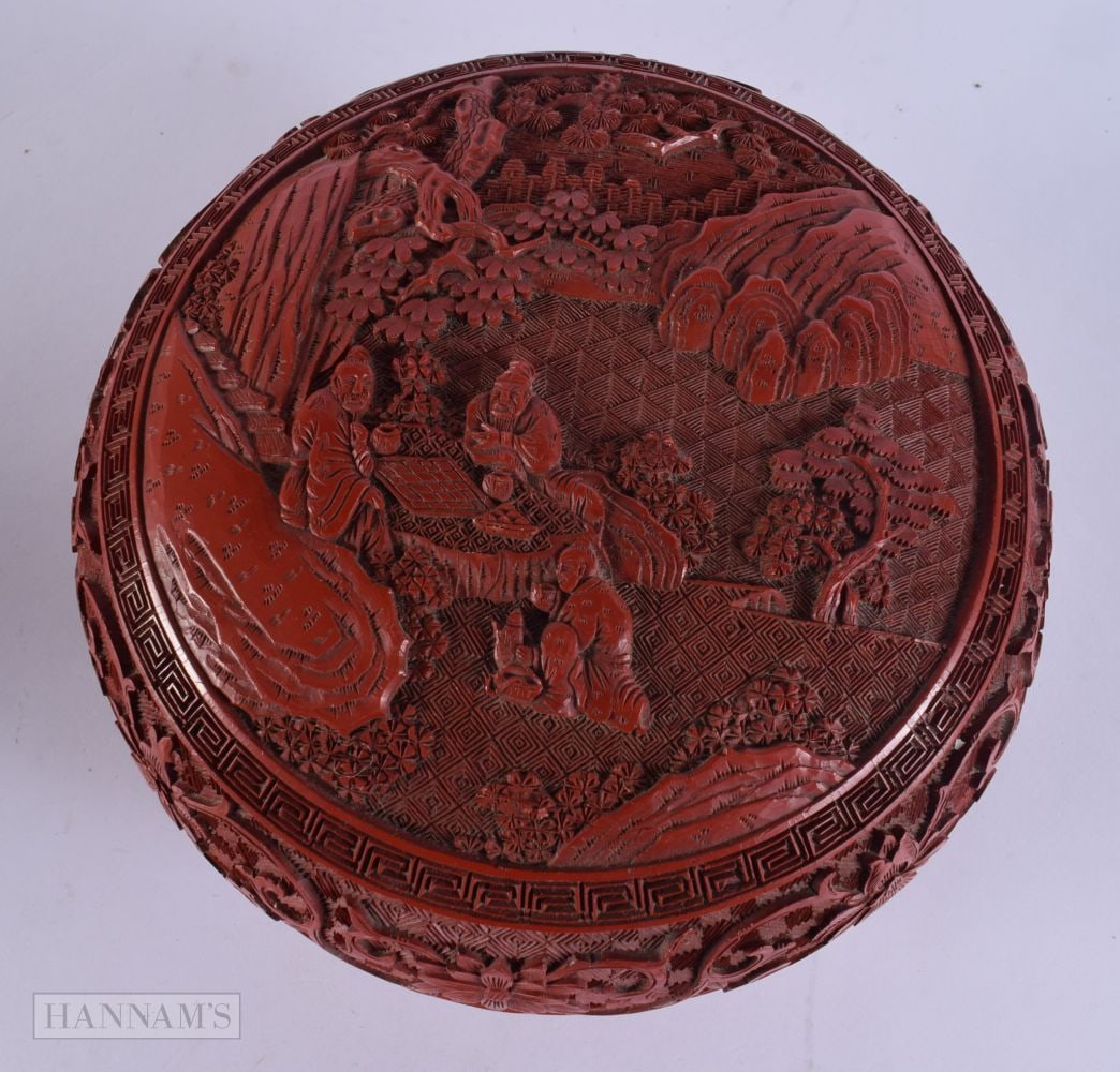 A 19TH CENTURY CHINESE CARVED CINNABAR LACQUER BOX AND COVER Qing, decorated with figures in landsca (1 of 11)