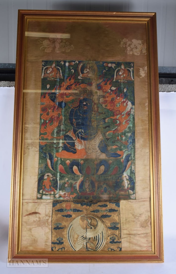 AN EXTREMELY RARE 17TH/18TH CENTURY CHINESE TIBETAN THANGKA inset with a Kangxi period silk crane ro (1 of 8)
