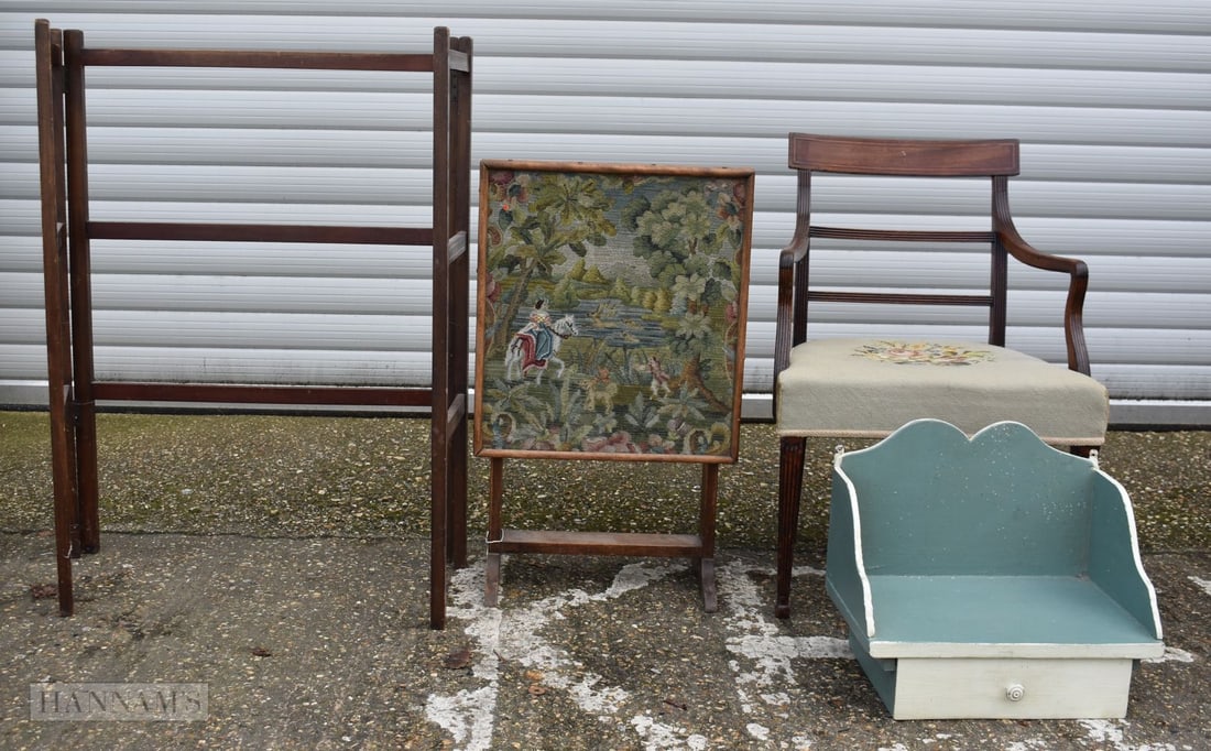 A wooden Clothes horse embroidered screen together with a chair seat and small shelf unit with drawe (1 of 7)