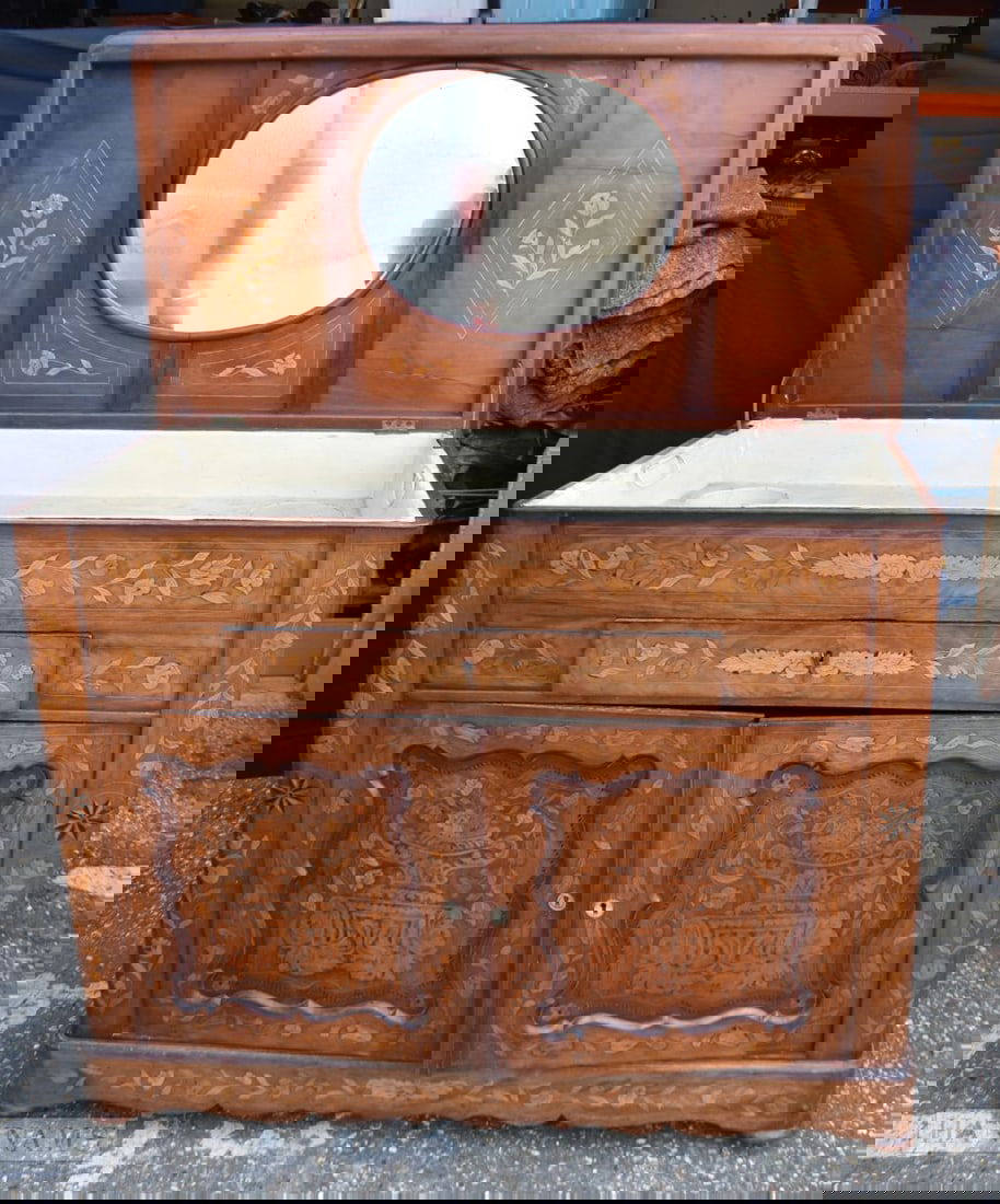 A 19TH CENTURY DUTCH WALNUT AND MARQUETRY DRESSING CHEST decorated with flowers, birds and winged pu (1 of 7)