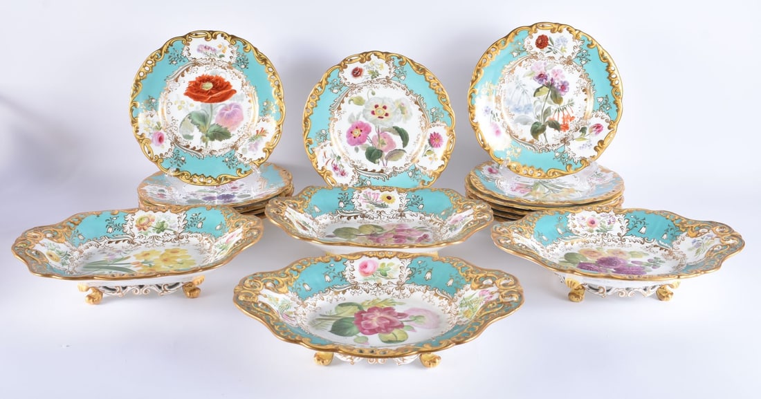 A FINE MID 19TH CENTURY COPELAND PORCELAIN DESSERT SERVICE painted with botanical sprays on a gilded