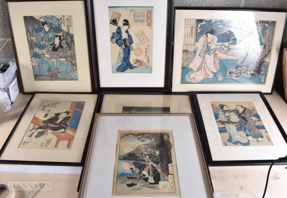 A GROUP OF SEVEN 19TH CENTURY JAPANESE MEIJI PERIOD WOODBLOCK PRINTS. Largest 68 cm x 52 cm. (7): A GROUP OF SEVEN 19TH CENTURY JAPANESE MEIJI PERIOD WOODBLOCK PRINTS. Largest 68 cm x 52 cm. (7)