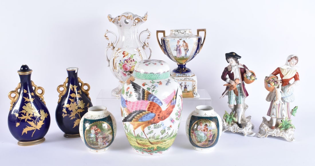 A 19TH CENTURY FRENCH SAMONS OF PARIS GINGER JAR AND COVER together with Continental figures etc. (q (1 of 14)
