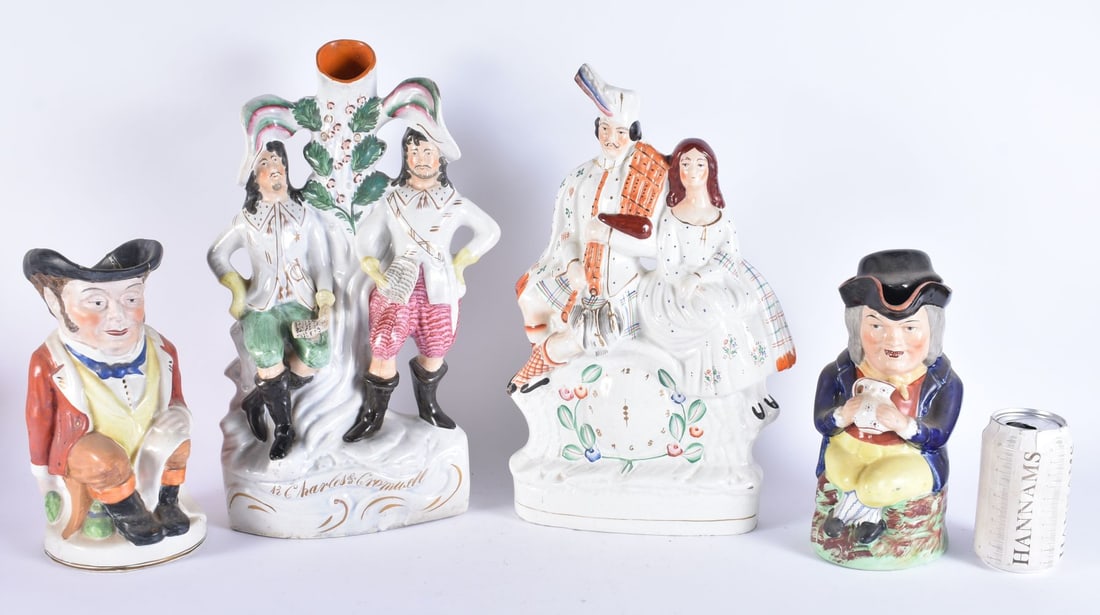 TWO LARGE VICTORIAN STAFFORDSHIRE FIGURES together with two toby jugs. Largest 37 cm high. (4) (1 of 8)