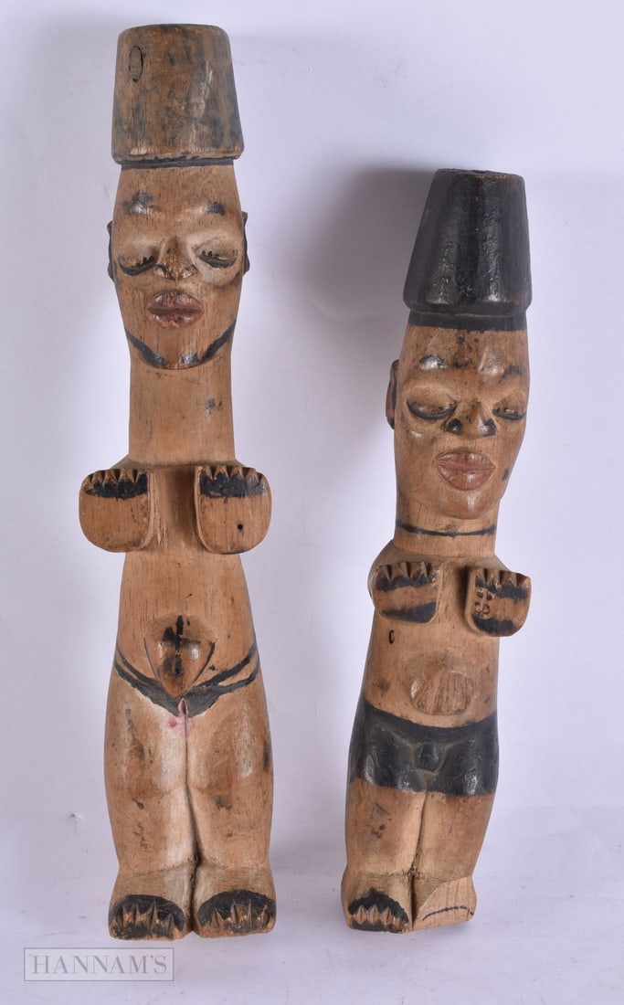 TWO AFRICAN PAINTED WOOD TRIBAL FIGURES. Largest 31 cm high. (2) (1 of 6)