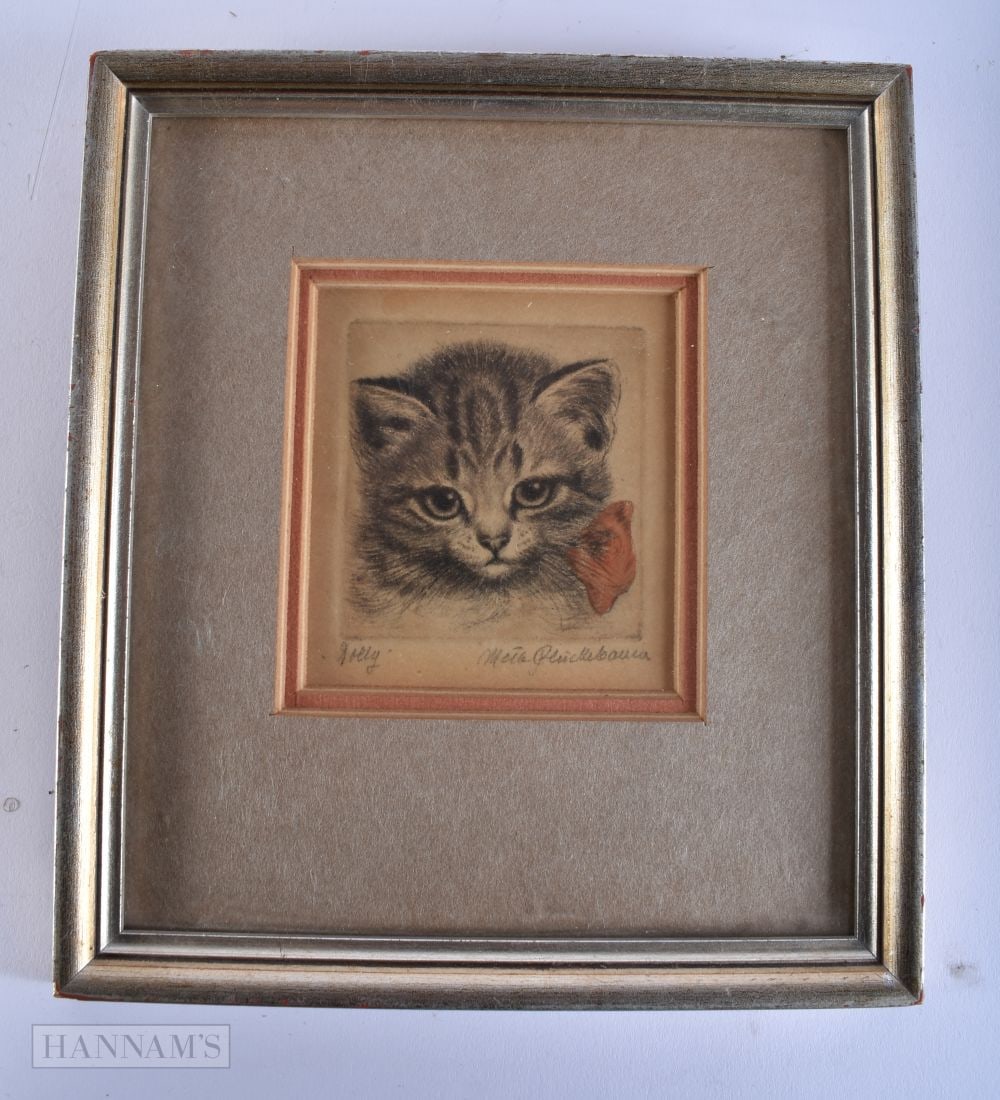 A HAND COLOURED ETCHING OF A CAT. 15 cm square. (1 of 3)