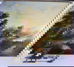 A LARGE AND UNUSUAL 19TH CENTURY EUROPEAN OIL PAINTING CLOCK depicting figures in a river landscape. (1 of 9)