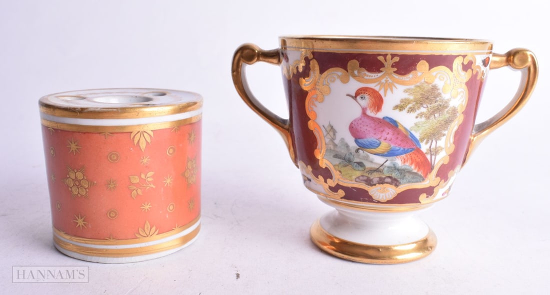 19th century Chamberlains Worcester two handled chocolate cup with crimson ground painted with Birds: 19th century Chamberlains Worcester two handled chocolate cup with crimson ground painted with Birds by Dr. Geo. Davis and a Chamberlains drum inkwell with salmon and gilt ground. Cup 8cm high