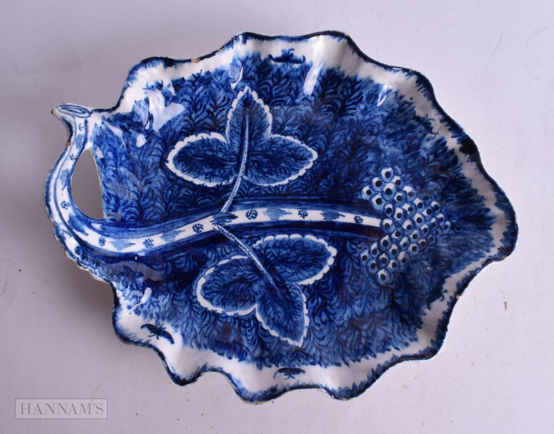 18th century Bow leaf shaped dish painted with grapes and two leaves. 23.5cm wide (1 of 4)
