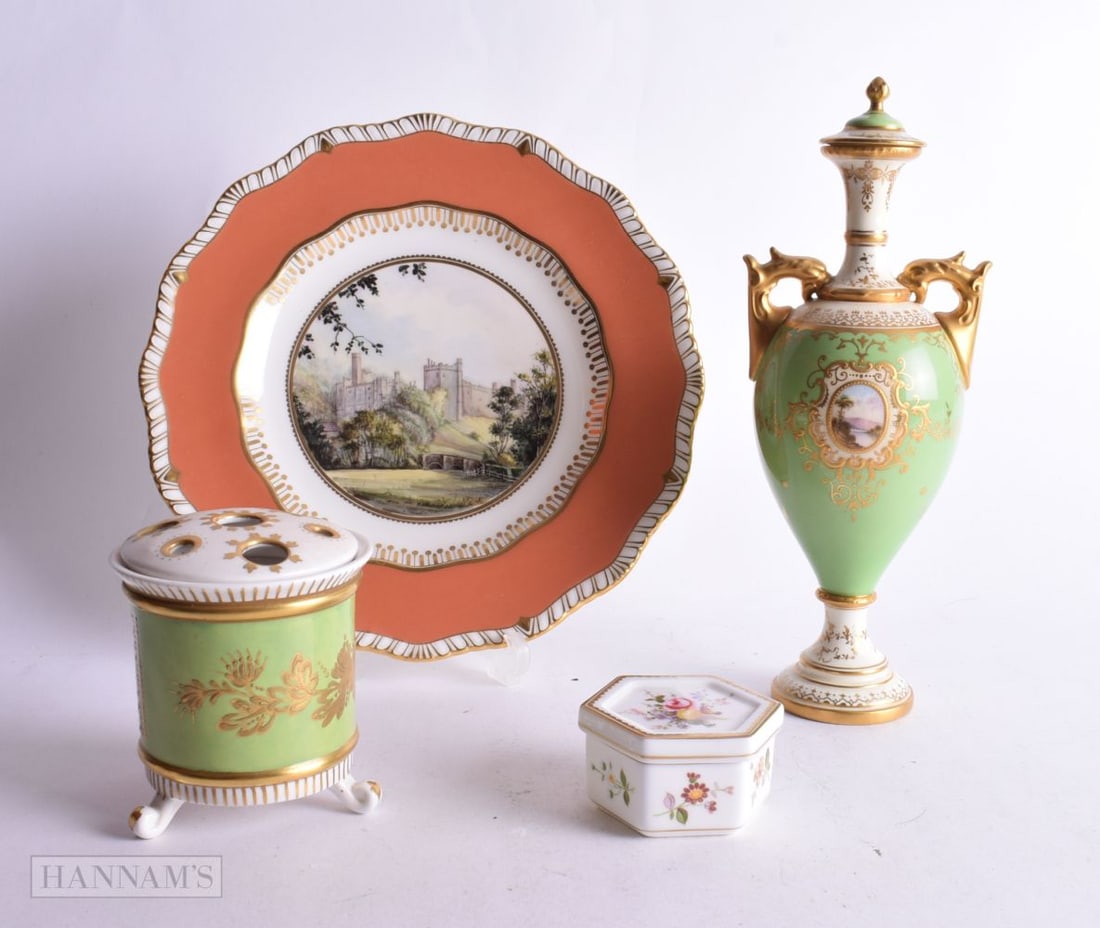 Late 19th /Early 20th century Coalport vase and cover painted with a Loch scene on a lime green grou: Late 19th /Early 20th century Coalport vase and cover painted with a Loch scene on a lime green ground, a Linton pot pourri and cover with green ground, A fine Royal Crown Derby plate painted by M. Cr
