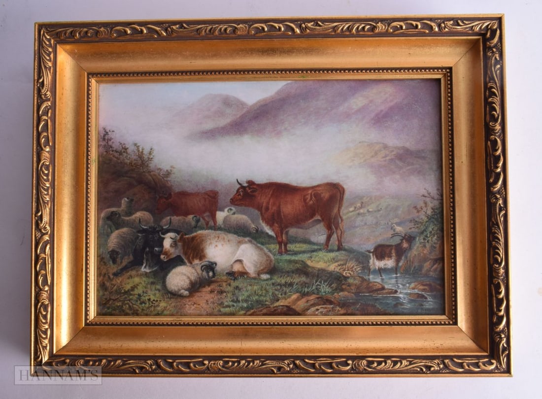 19th century English porcelain plaque painted with cattle, sheep, and a goat by James Rouse, signed (1 of 2)