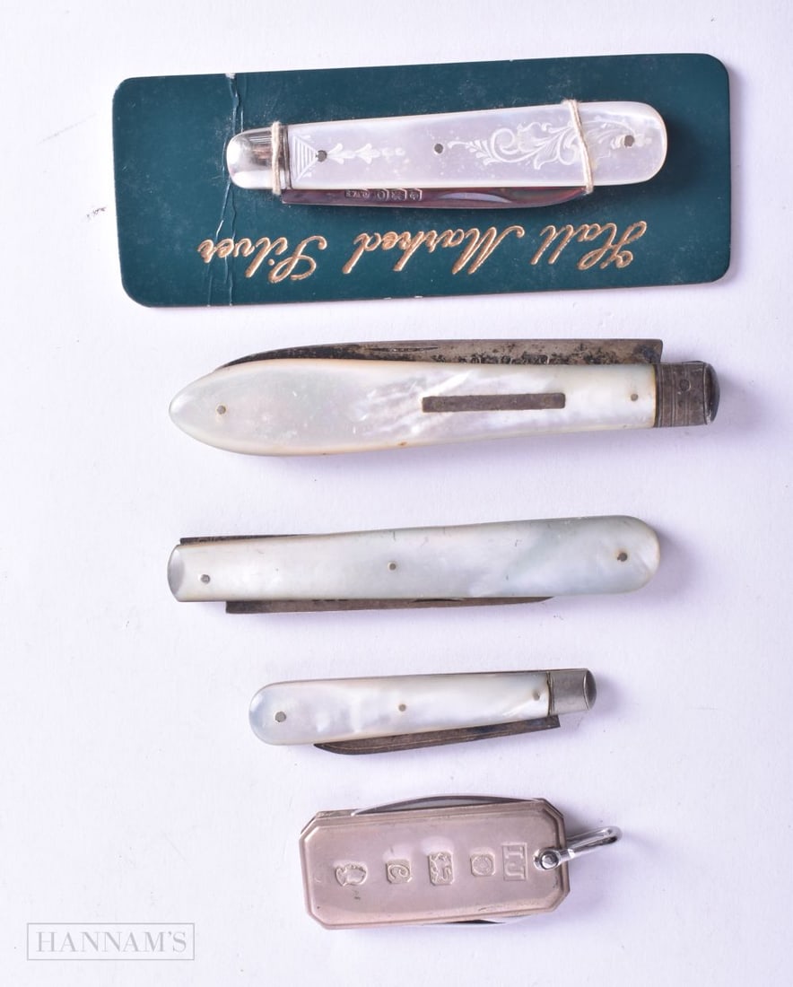 5 x .925 sterling silver knives inc mop, fruit etc 130g. (5): 5 x .925 sterling silver knives inc mop, fruit etc 130g. (5)