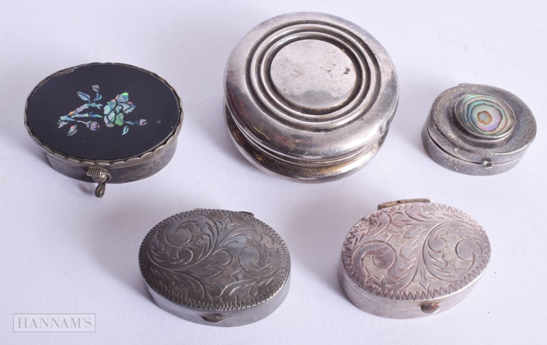5 x .925 sterling silver pill / trinket boxes 32g. (5): 5 x .925 sterling silver pill / trinket boxes 32g. (5)